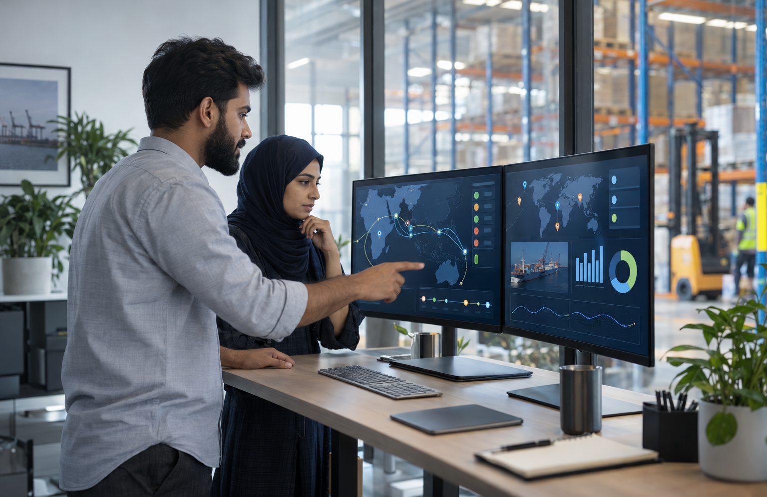 two coordinators reviewing shipment dashboards on large monitors
