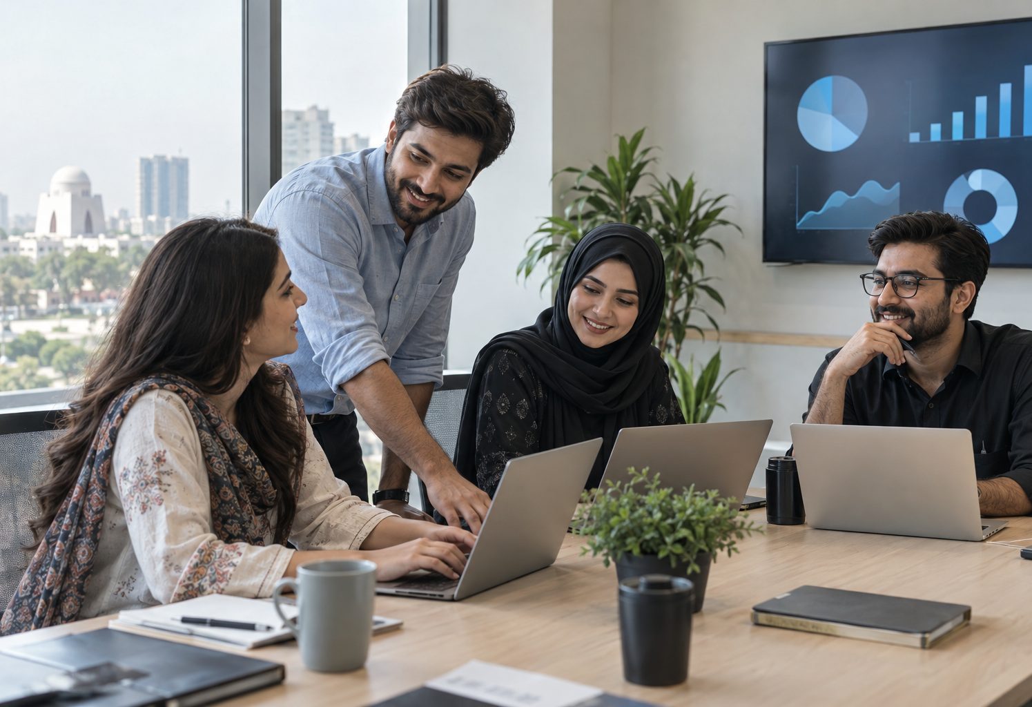colleagues collaborating around a meeting table with laptops